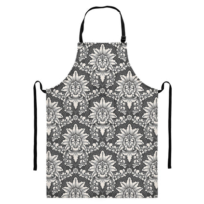 Grey Damask Pattern Print Bib Apron With Pocket