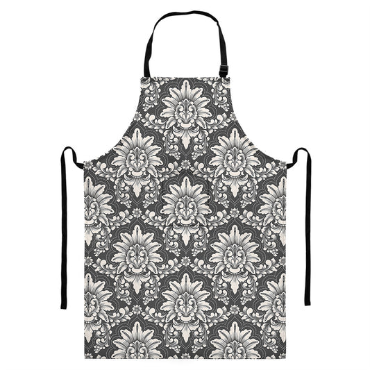 Grey Damask Pattern Print Bib Apron With Pocket