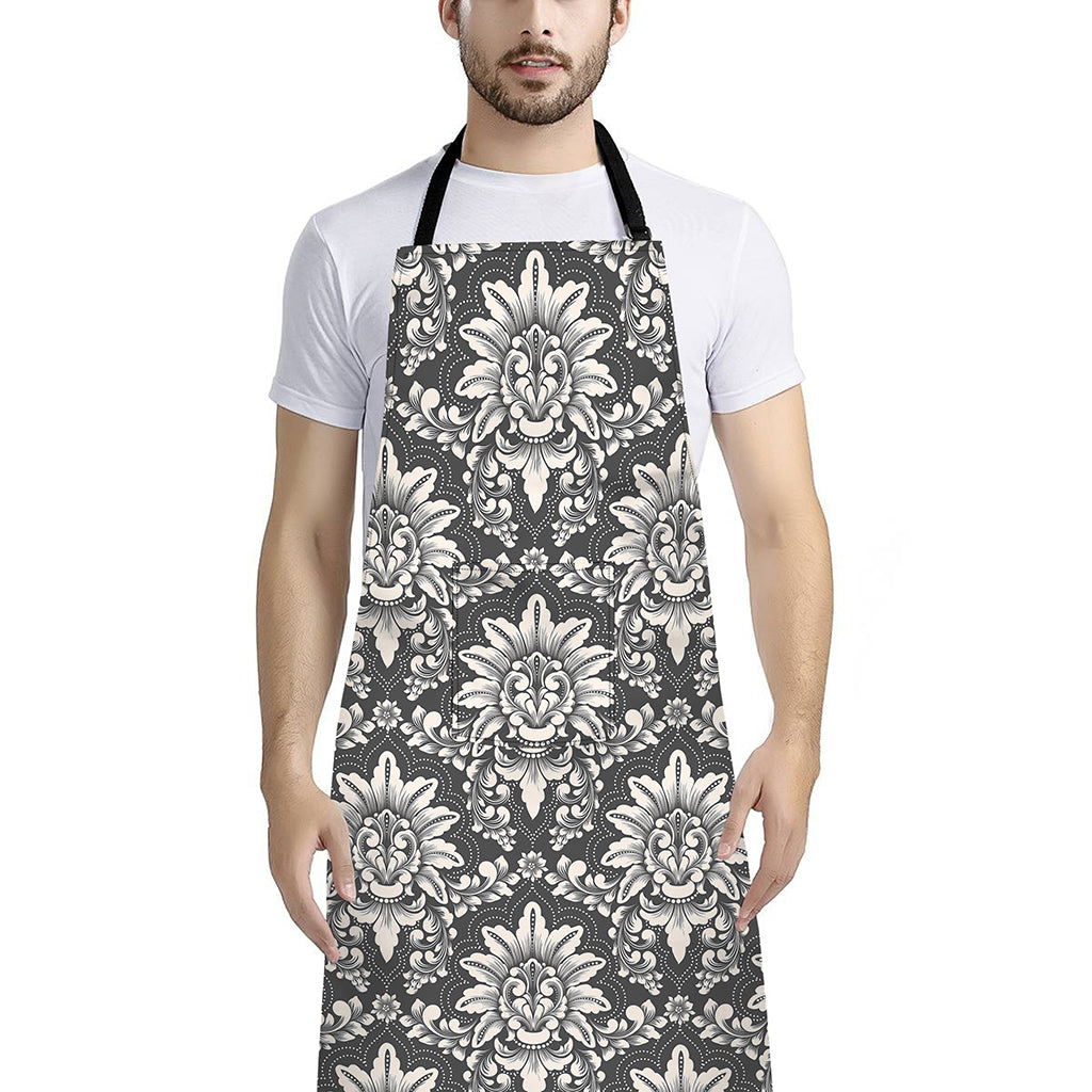 Grey Damask Pattern Print Bib Apron With Pocket
