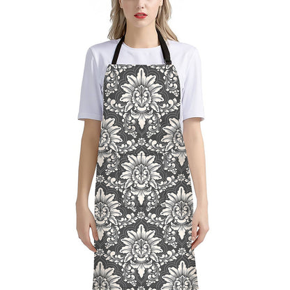 Grey Damask Pattern Print Bib Apron With Pocket