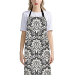 Grey Damask Pattern Print Bib Apron With Pocket