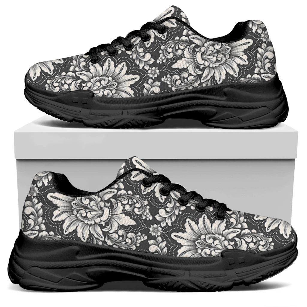 Grey Damask Pattern Print Black Chunky Shoes