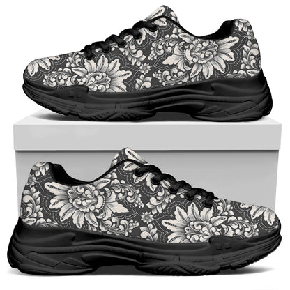 Grey Damask Pattern Print Black Chunky Shoes