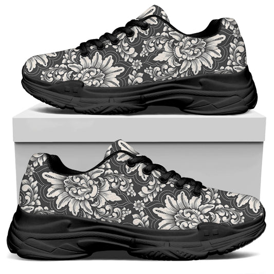 Grey Damask Pattern Print Black Chunky Shoes
