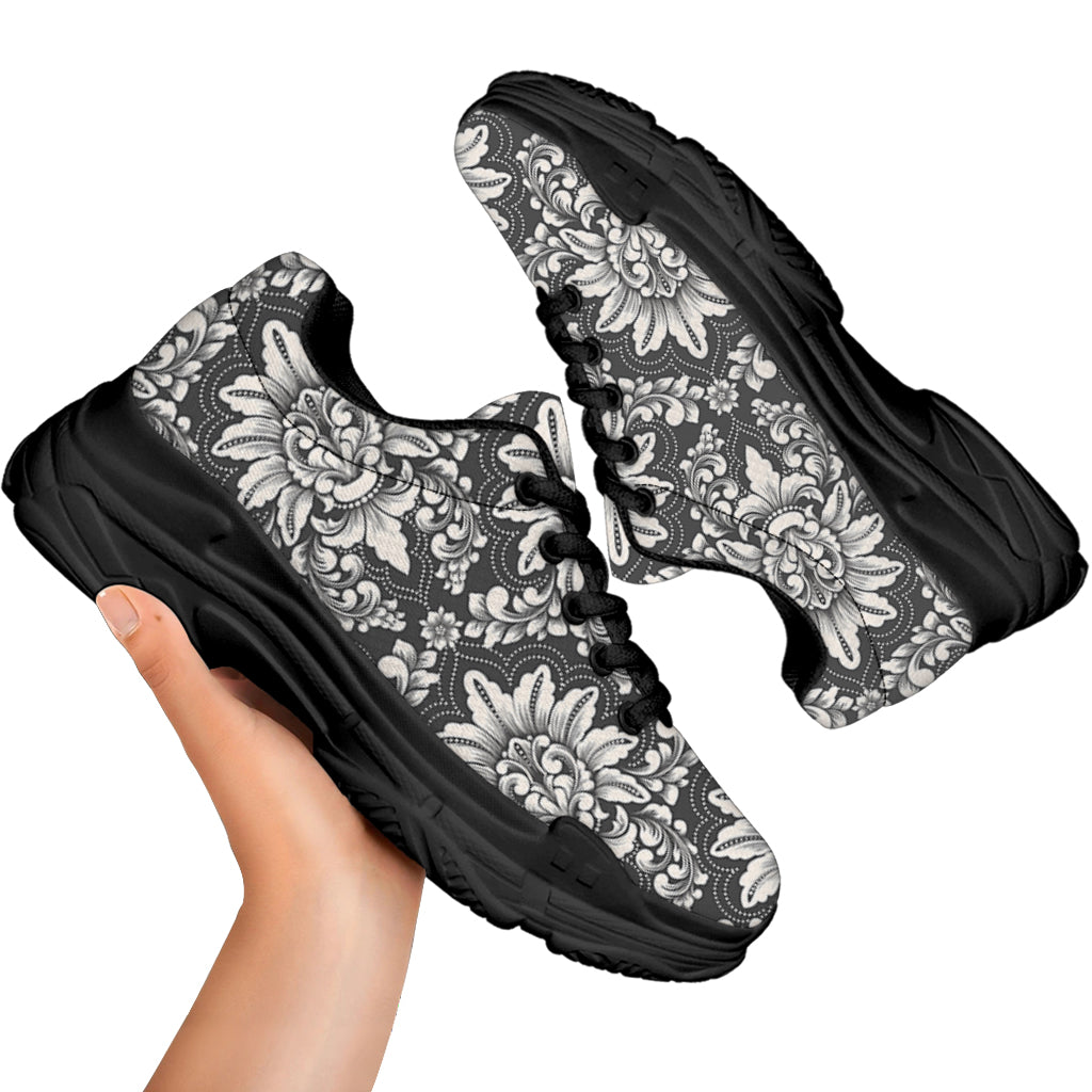 Grey Damask Pattern Print Black Chunky Shoes