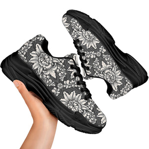 Grey Damask Pattern Print Black Chunky Shoes