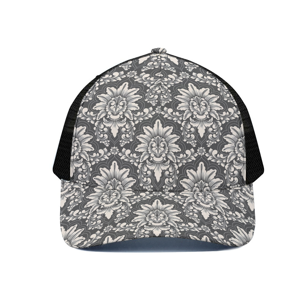 Grey Damask Pattern Print Black Mesh Trucker Cap