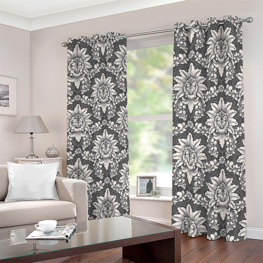 Grey Damask Pattern Print Blackout Grommet Curtains