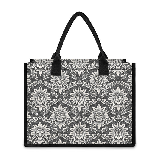 Grey Damask Pattern Print Canvas Tote Bag