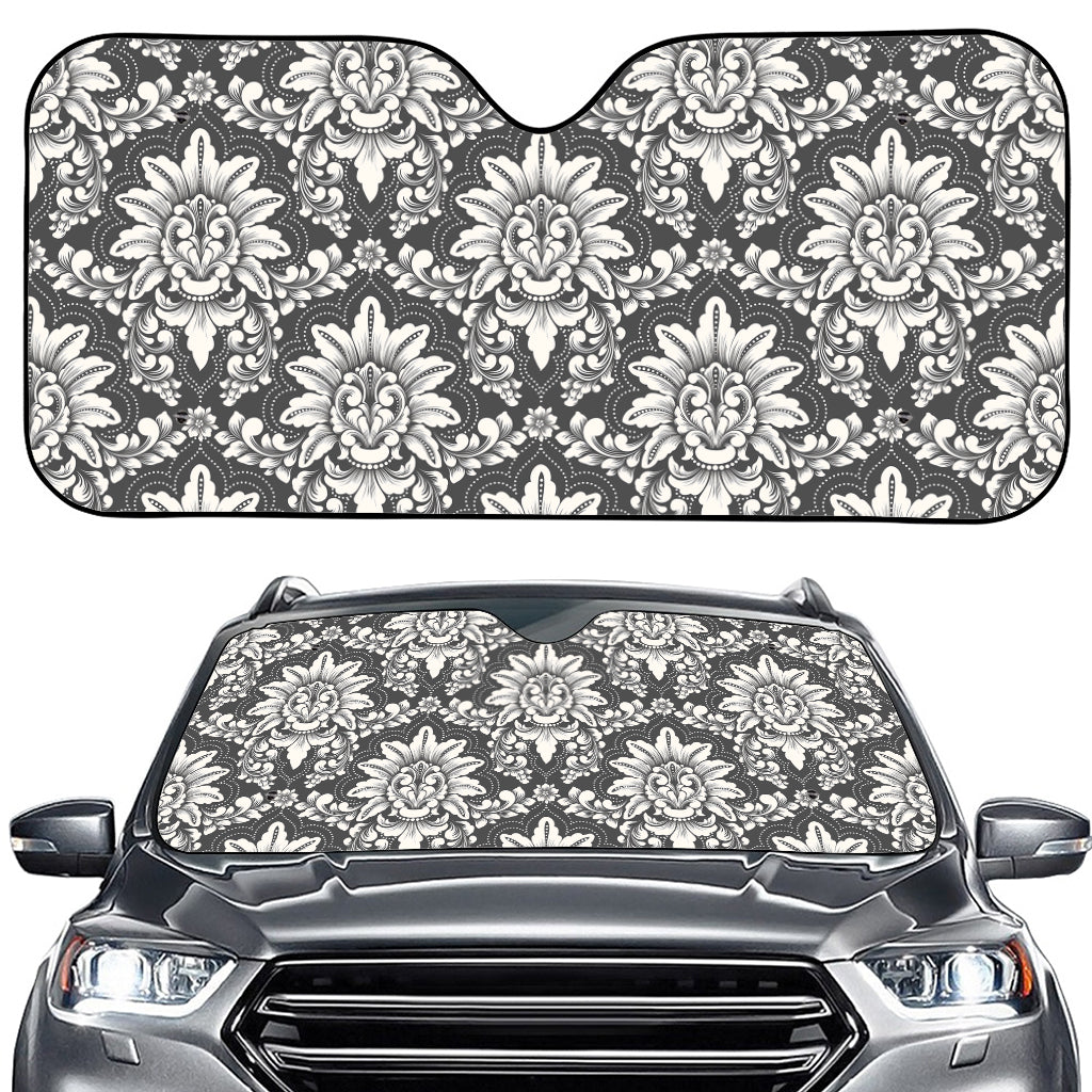 Grey Damask Pattern Print Car Windshield Sun Shade