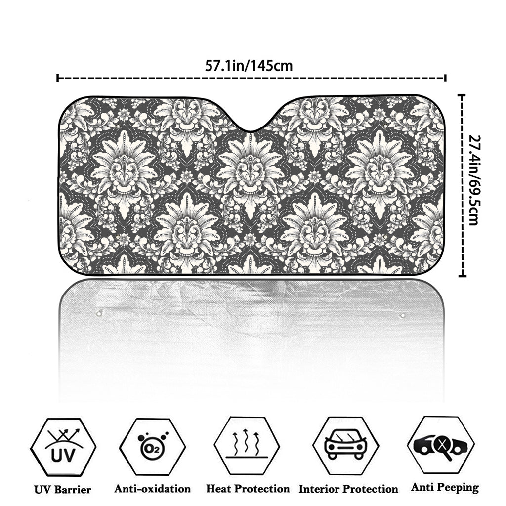 Grey Damask Pattern Print Car Windshield Sun Shade