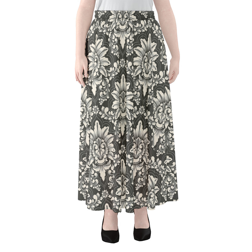 Grey Damask Pattern Print Chiffon Maxi Skirt