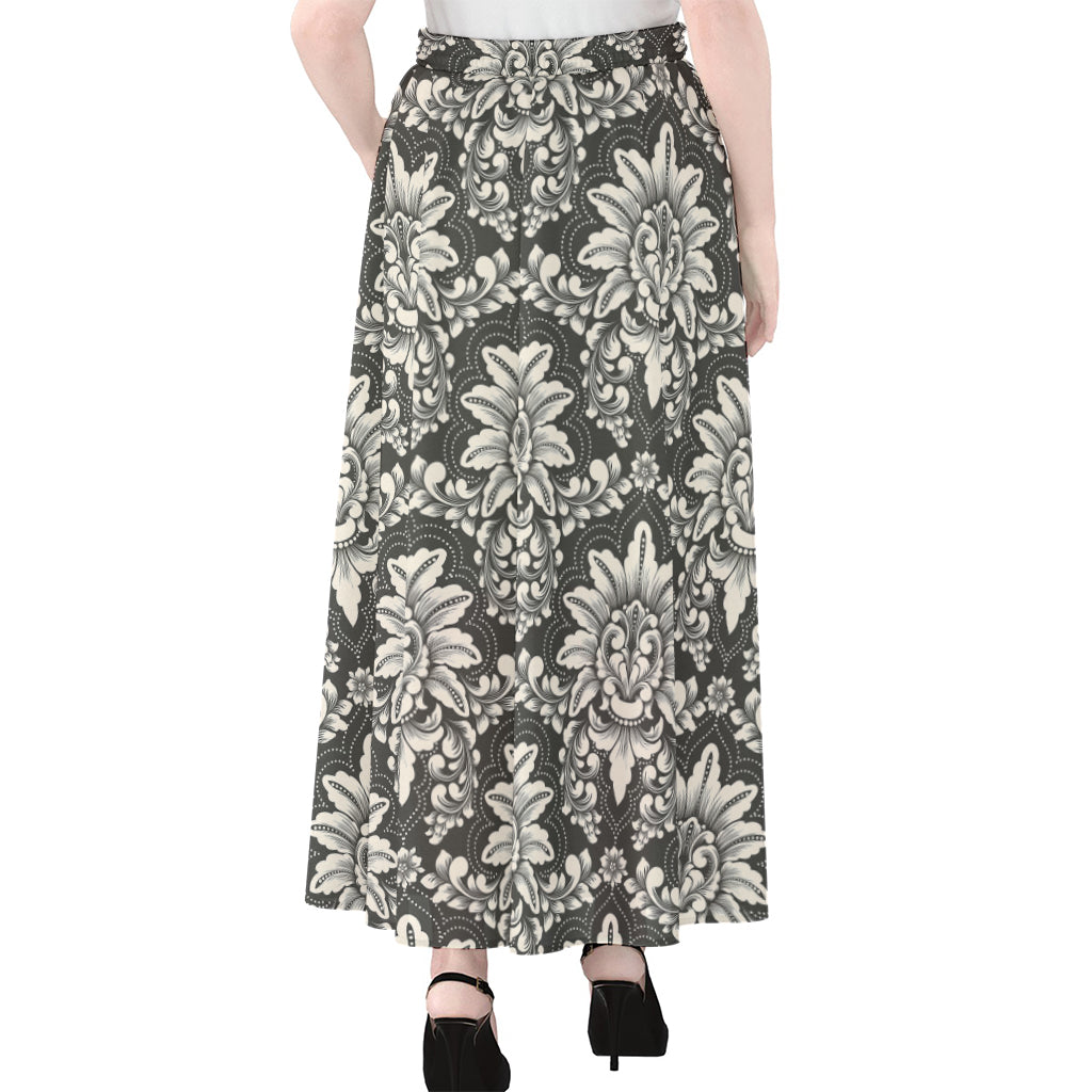 Grey Damask Pattern Print Chiffon Maxi Skirt