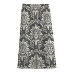 Grey Damask Pattern Print Cotton Front Slit Maxi Skirt