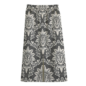 Grey Damask Pattern Print Cotton Front Slit Maxi Skirt