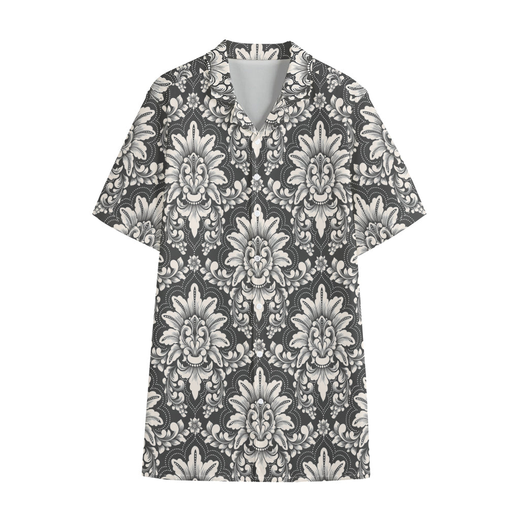Grey Damask Pattern Print Cotton Hawaiian Shirt