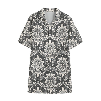 Grey Damask Pattern Print Cotton Hawaiian Shirt