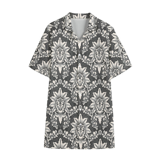 Grey Damask Pattern Print Cotton Hawaiian Shirt