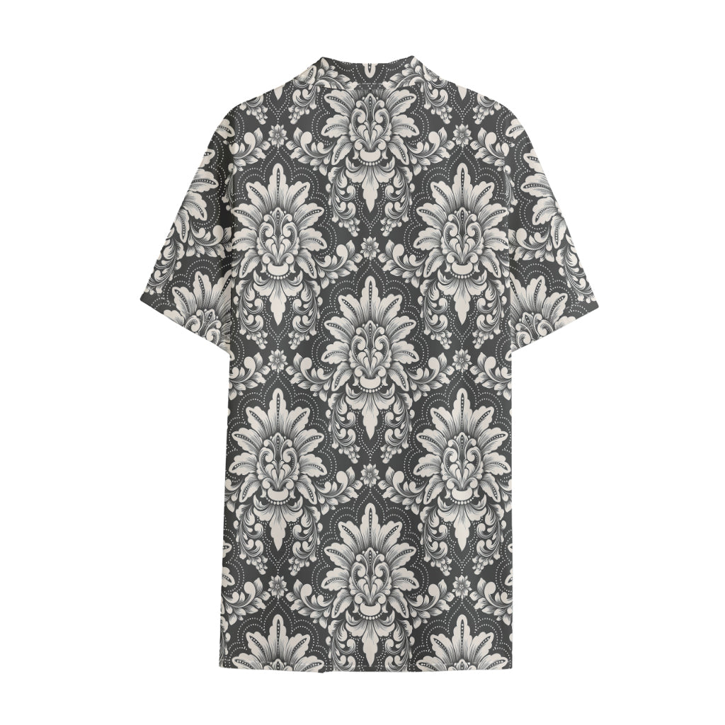Grey Damask Pattern Print Cotton Hawaiian Shirt