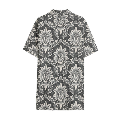 Grey Damask Pattern Print Cotton Hawaiian Shirt