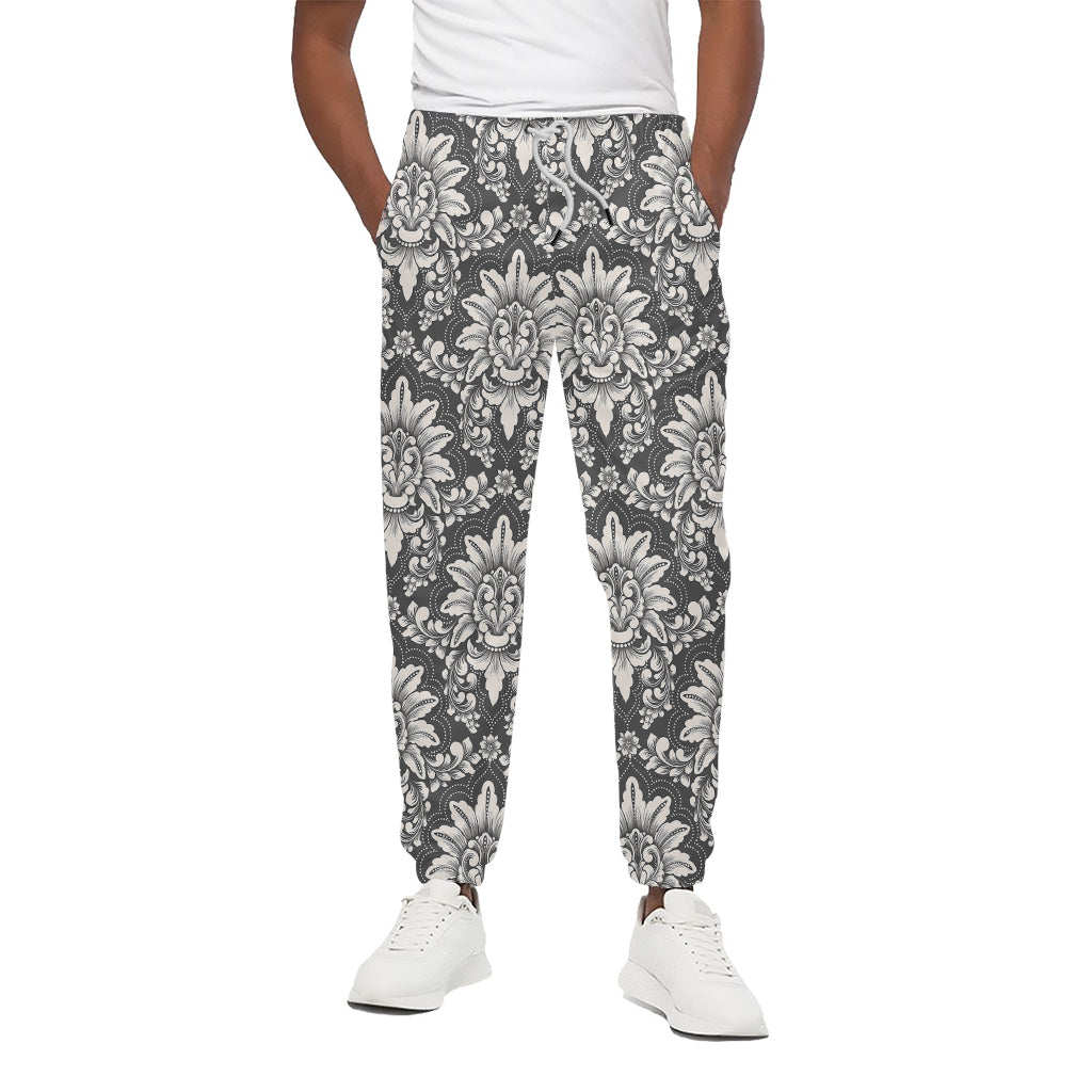 Grey Damask Pattern Print Cotton Pants