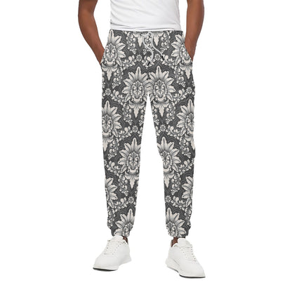Grey Damask Pattern Print Cotton Pants