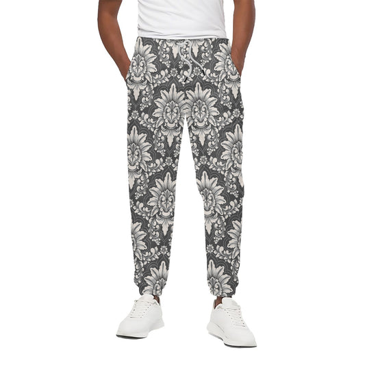 Grey Damask Pattern Print Cotton Pants