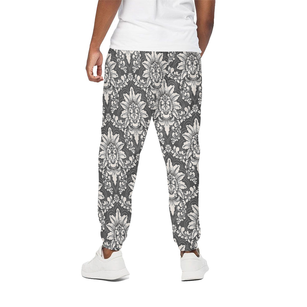 Grey Damask Pattern Print Cotton Pants