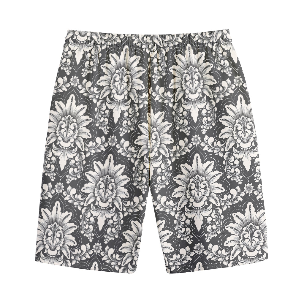 Grey Damask Pattern Print Cotton Shorts