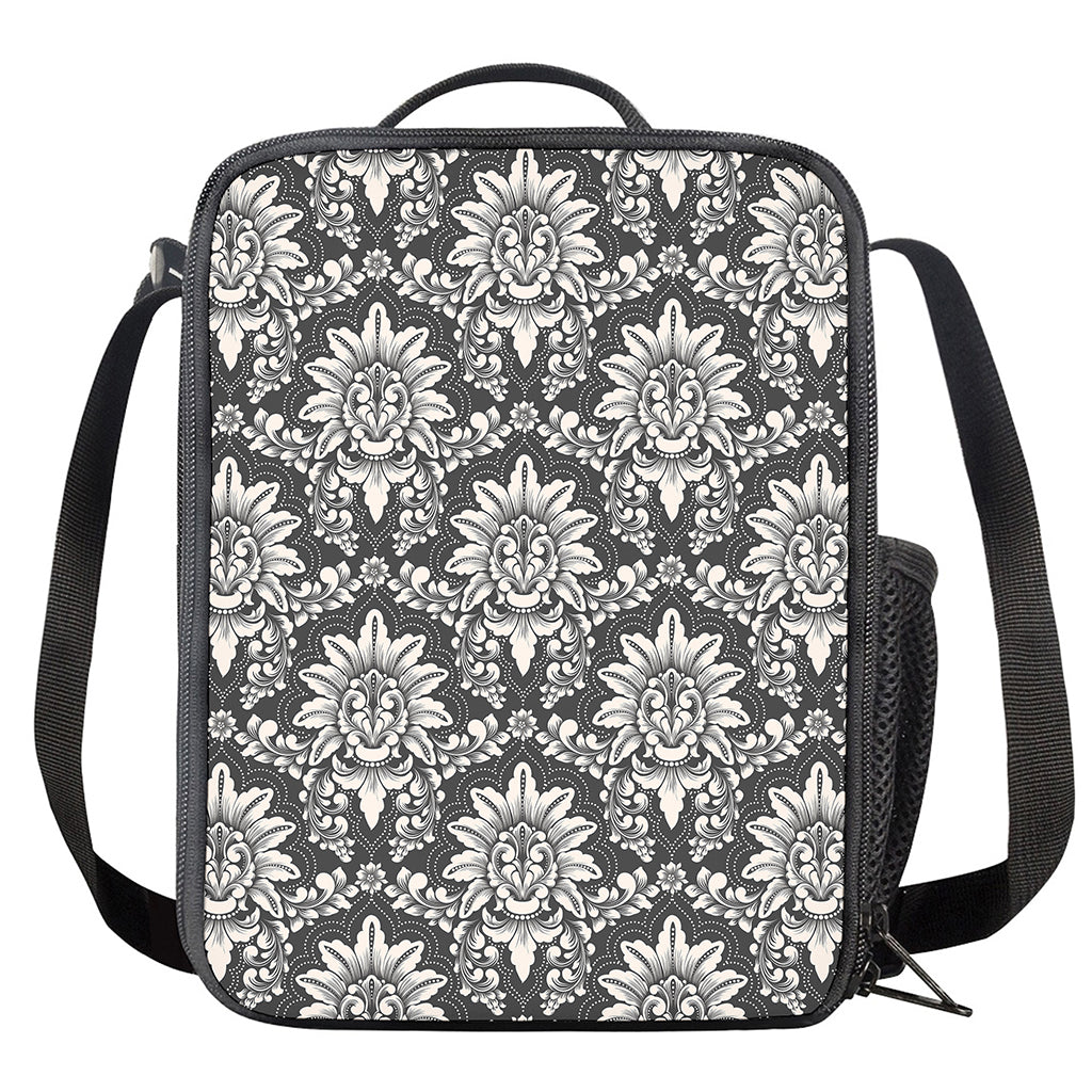 Grey Damask Pattern Print Crossbody Lunch Bag