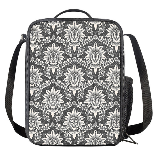 Grey Damask Pattern Print Crossbody Lunch Bag