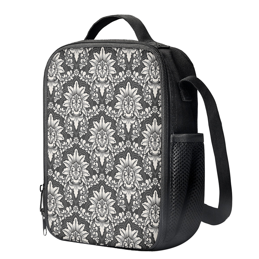 Grey Damask Pattern Print Crossbody Lunch Bag