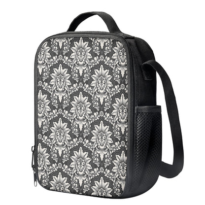 Grey Damask Pattern Print Crossbody Lunch Bag