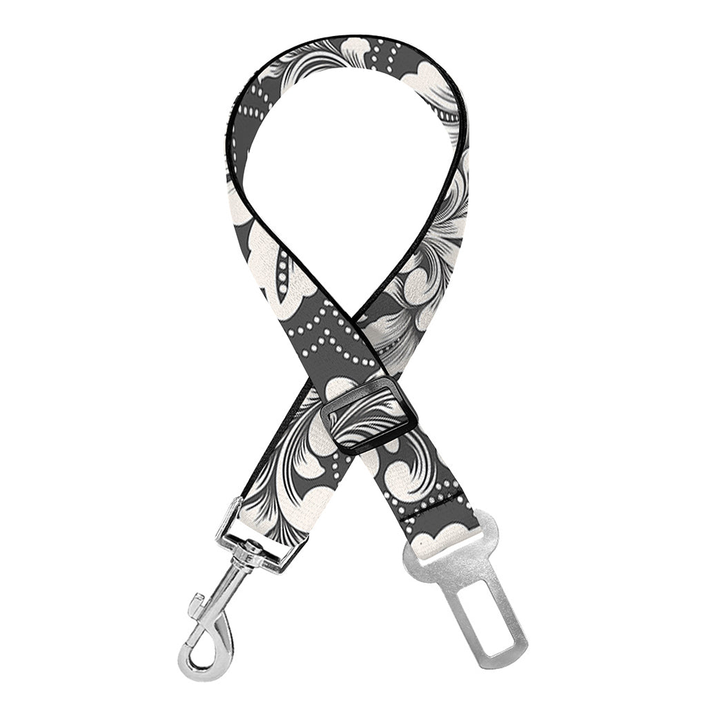 Grey Damask Pattern Print Dog Seat Belt