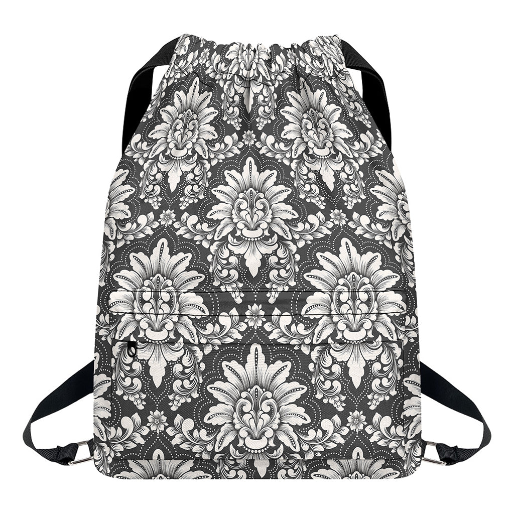 Grey Damask Pattern Print Drawstring Backpack