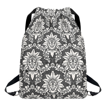 Grey Damask Pattern Print Drawstring Backpack