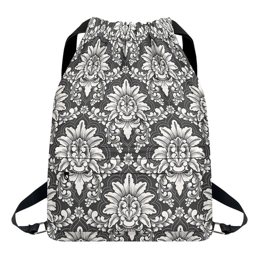 Grey Damask Pattern Print Drawstring Backpack
