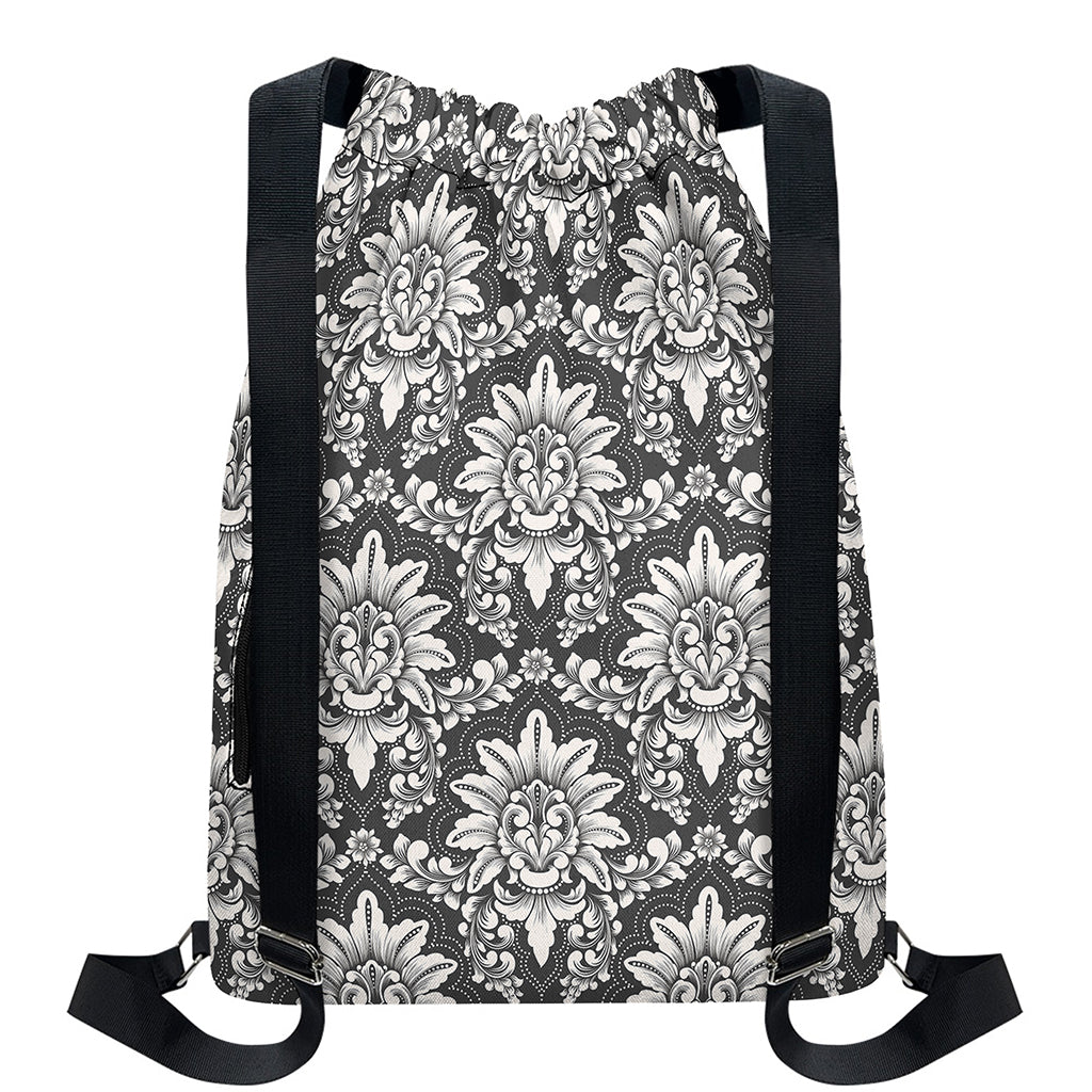Grey Damask Pattern Print Drawstring Backpack