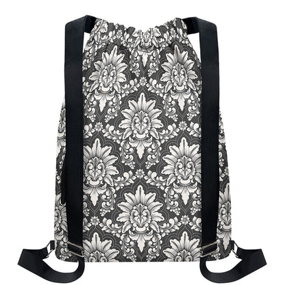 Grey Damask Pattern Print Drawstring Backpack