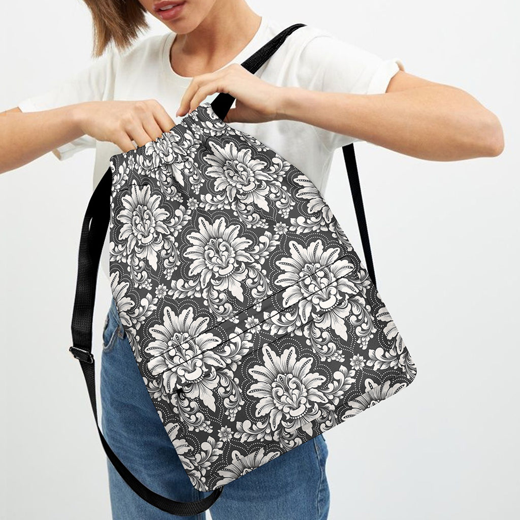 Grey Damask Pattern Print Drawstring Backpack