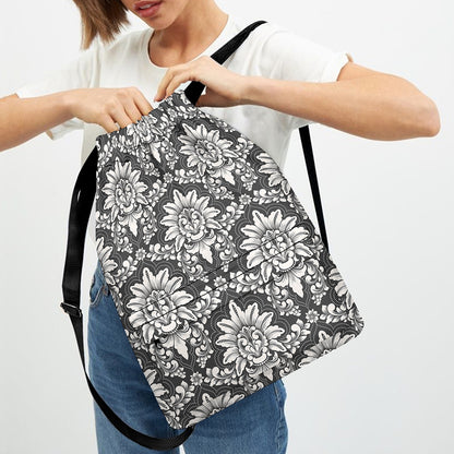 Grey Damask Pattern Print Drawstring Backpack