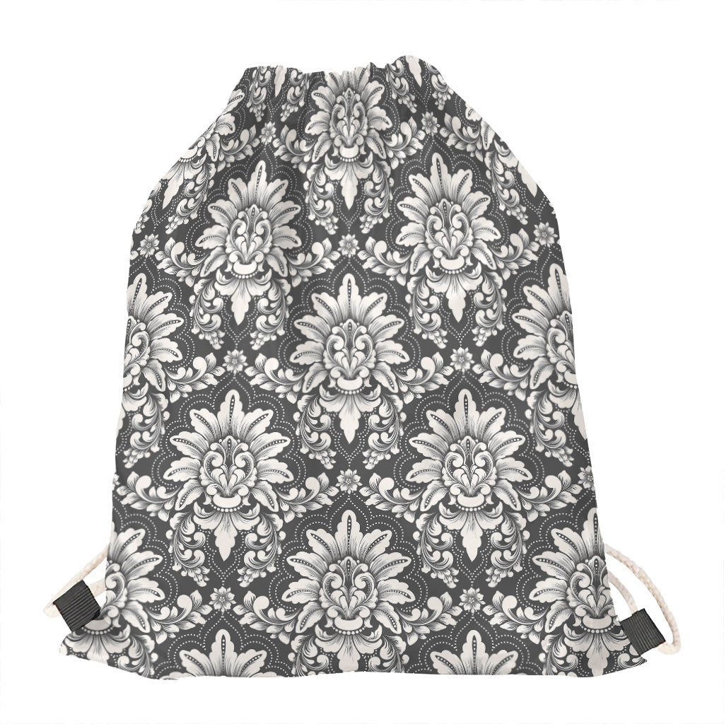 Grey Damask Pattern Print Drawstring Bag