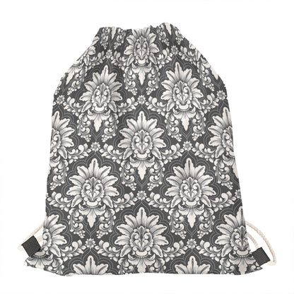 Grey Damask Pattern Print Drawstring Bag