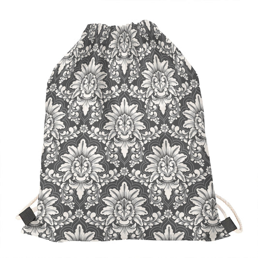 Grey Damask Pattern Print Drawstring Bag