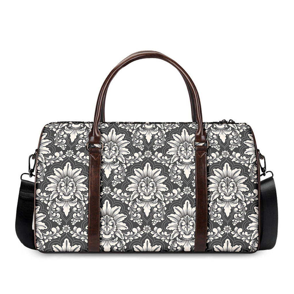 Grey Damask Pattern Print Duffle Bag