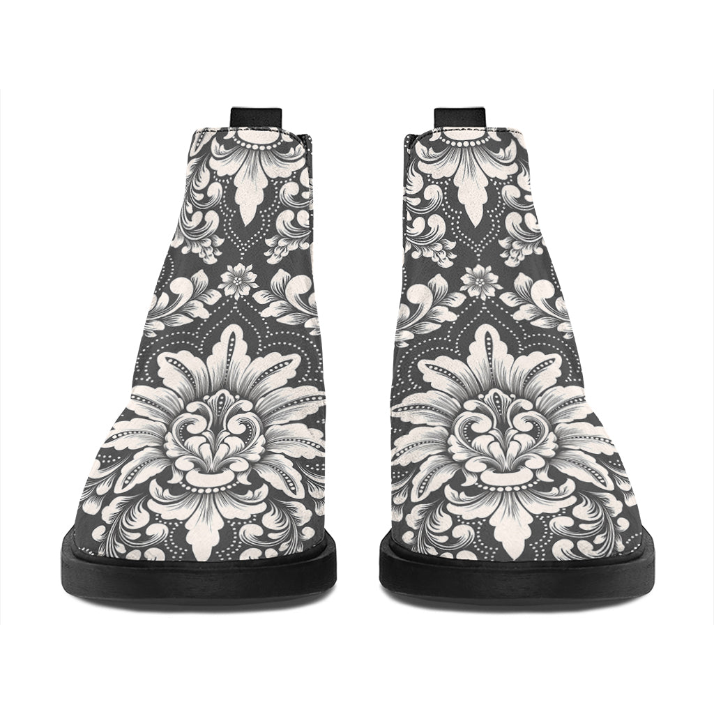 Grey Damask Pattern Print Flat Ankle Boots