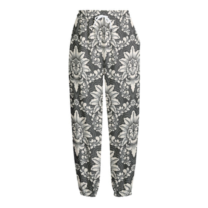 Grey Damask Pattern Print Fleece Lined Knit Pants