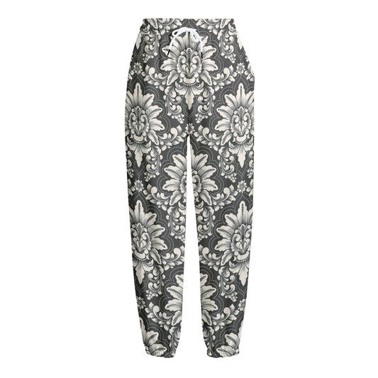 Grey Damask Pattern Print Fleece Lined Knit Pants
