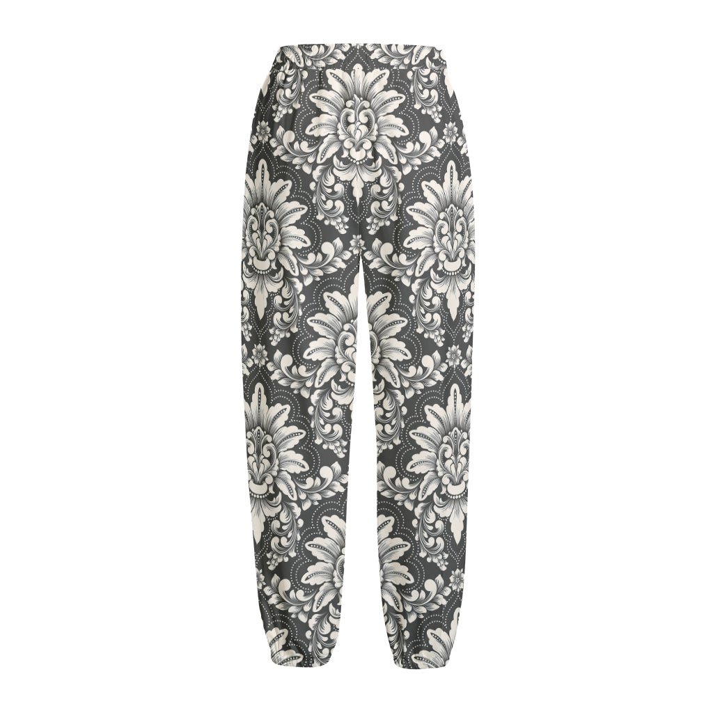 Grey Damask Pattern Print Fleece Lined Knit Pants