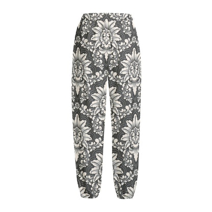 Grey Damask Pattern Print Fleece Lined Knit Pants